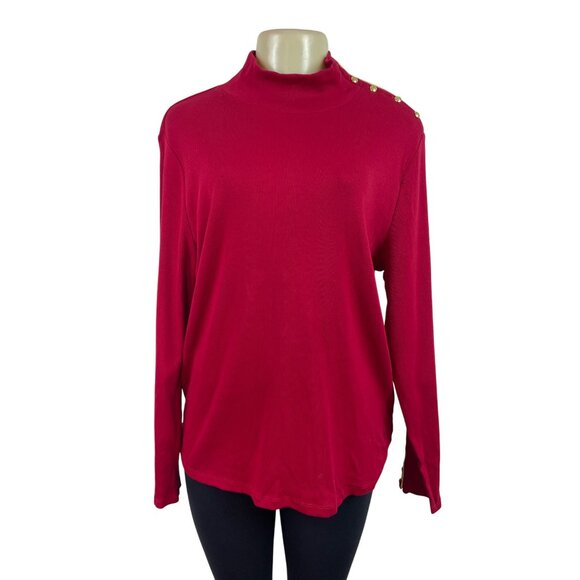 Ralph Lauren Red Long Sleeve Mockneck Top W/ Gold Button Detail Cotton Size 2X - Picture 1 of 7
